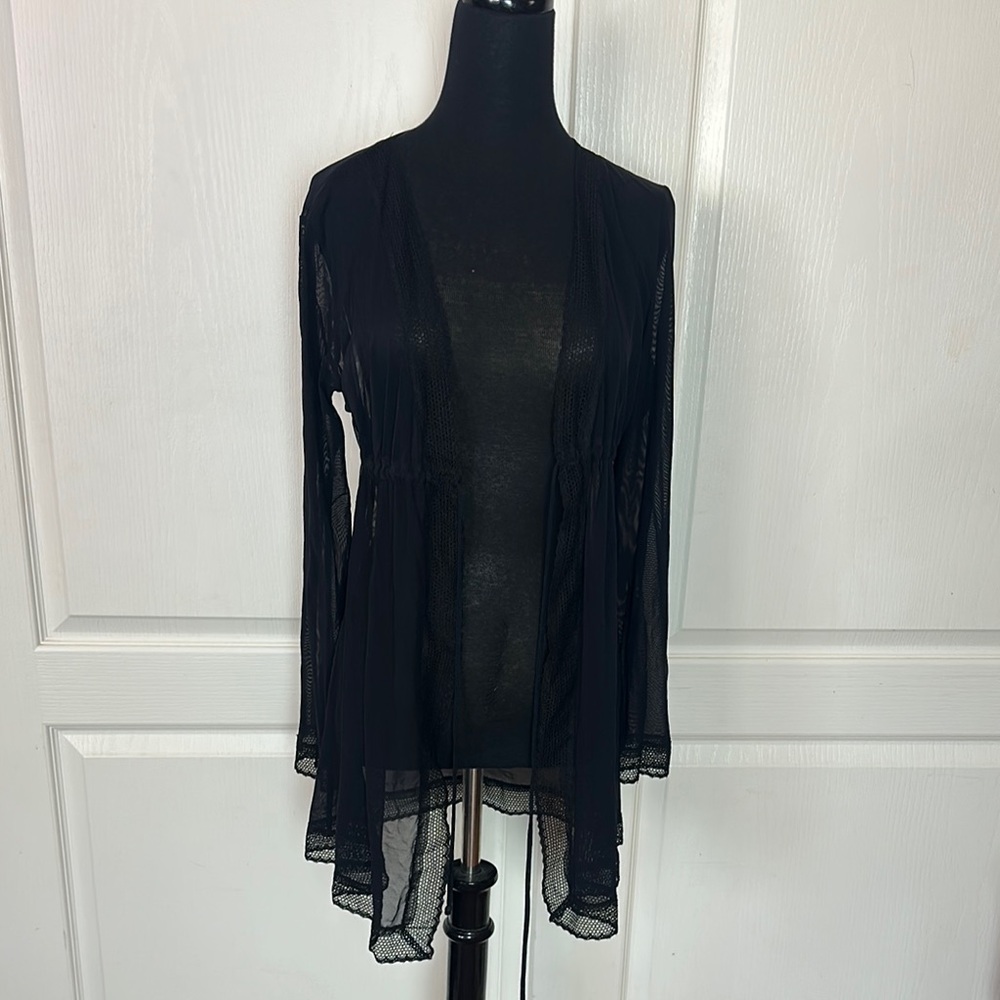 HONEYDEW BLACK MESH TIE FRONT COVER UP CARDIGAN SHEER LACE